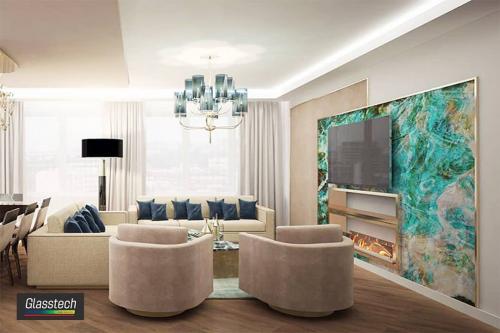 tv stend oniks . Kamin və daş oniks tv stend maraqlı bir dizayn yaradır